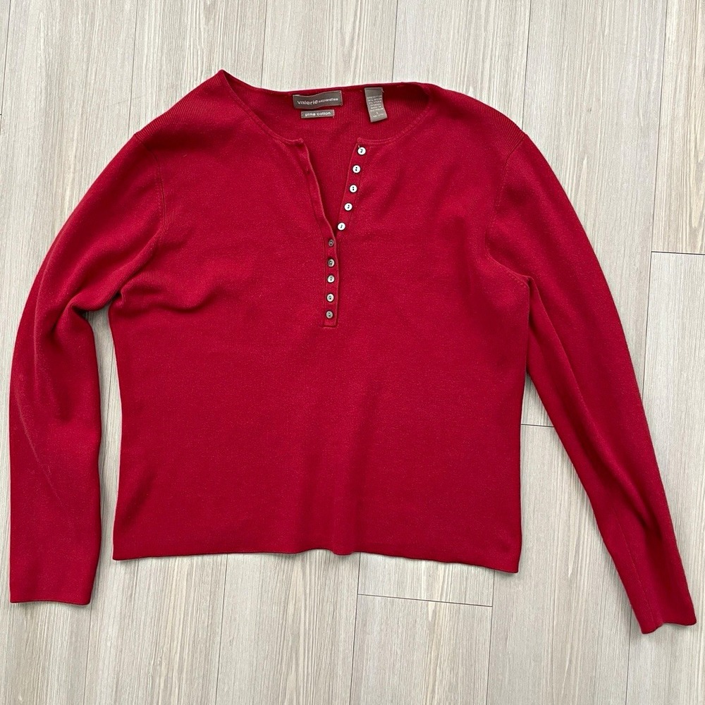 Valerie Separates Women's Red Pima Cotton Knit V-Neck Pullover Knit Henley Sz L